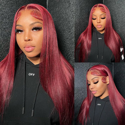 99J Burgundy Straight Human Hair Wig – 13x6 HD Lace Front, Pre-Plucked