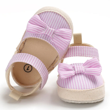 Baby Girl Bow Canvas Sandals – Soft Sole Striped Flats
