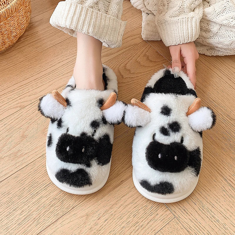 Cute Cow Fluffy Slippers for Women – Cozy Plush House Shoes