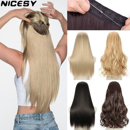 No-Clip Halo Hair Extensions – Long Wavy Synthetic Hairpiece