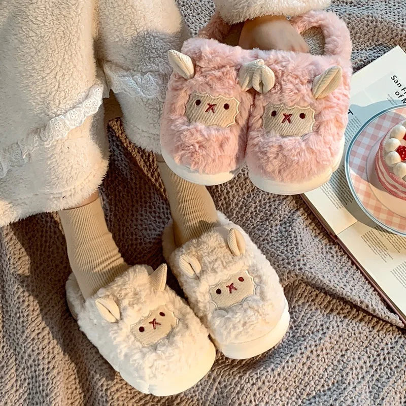 Fluffy Sheep Plush Slippers – Warm Faux Fur Indoor Home Shoes