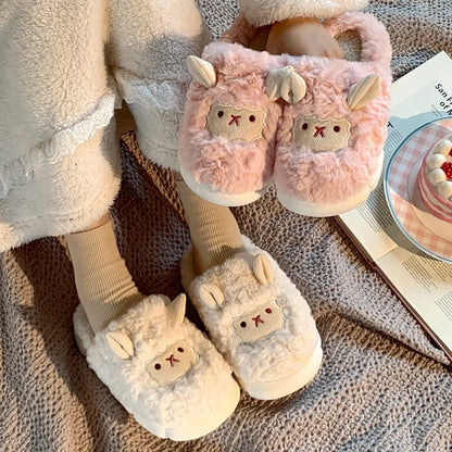 Fluffy Sheep Plush Slippers – Warm Faux Fur Indoor Home Shoes