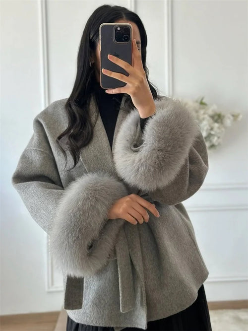 Women's Wool Coat with Fox Fur Cuffs & Belt – Elegant Short Overcoat