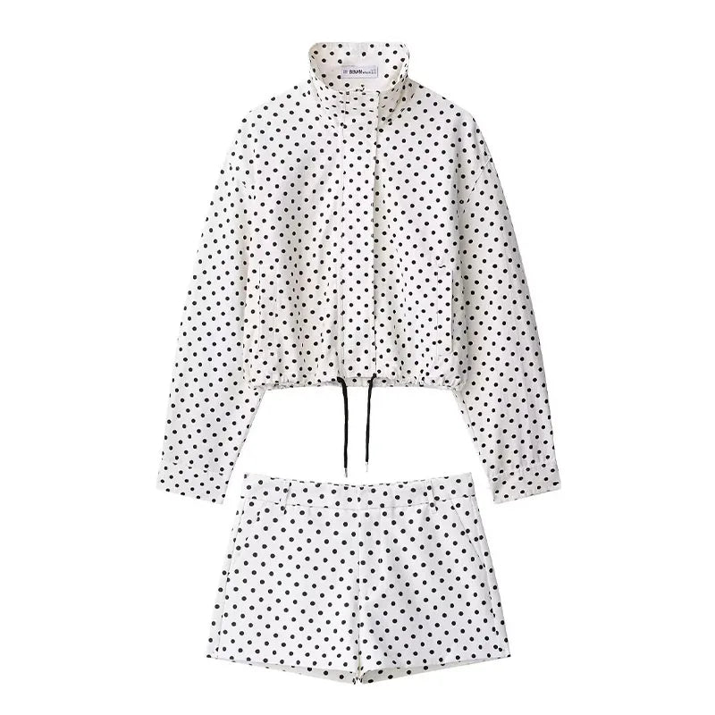 Women's Polka Dot Turtleneck Jacket & Shorts Set – Casual Autumn Outfit