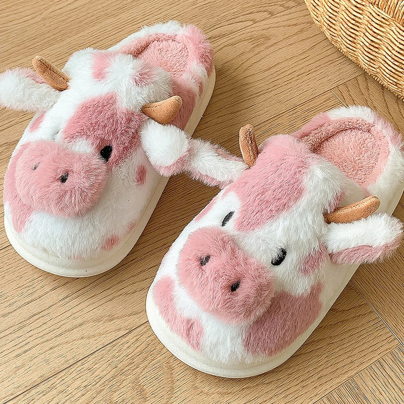 Cute Cow Fluffy Slippers for Women – Cozy Plush House Shoes