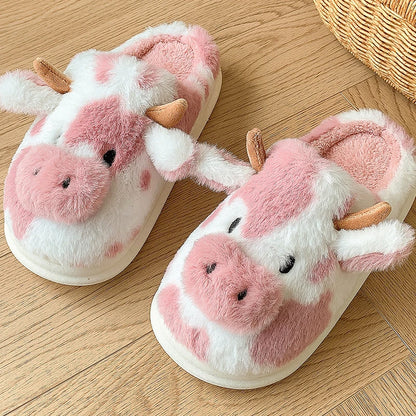 Cute Cow Fluffy Slippers for Women – Cozy Plush House Shoes