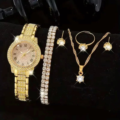 6-Piece Women's Luxury Rhinestone Watch & Jewelry Set