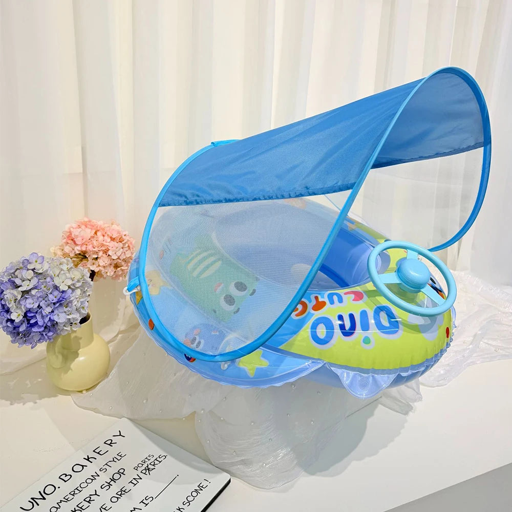Baby Swim Float Seat Ring with Sunshade Canopy & Steering Wheel – Ages 0–6