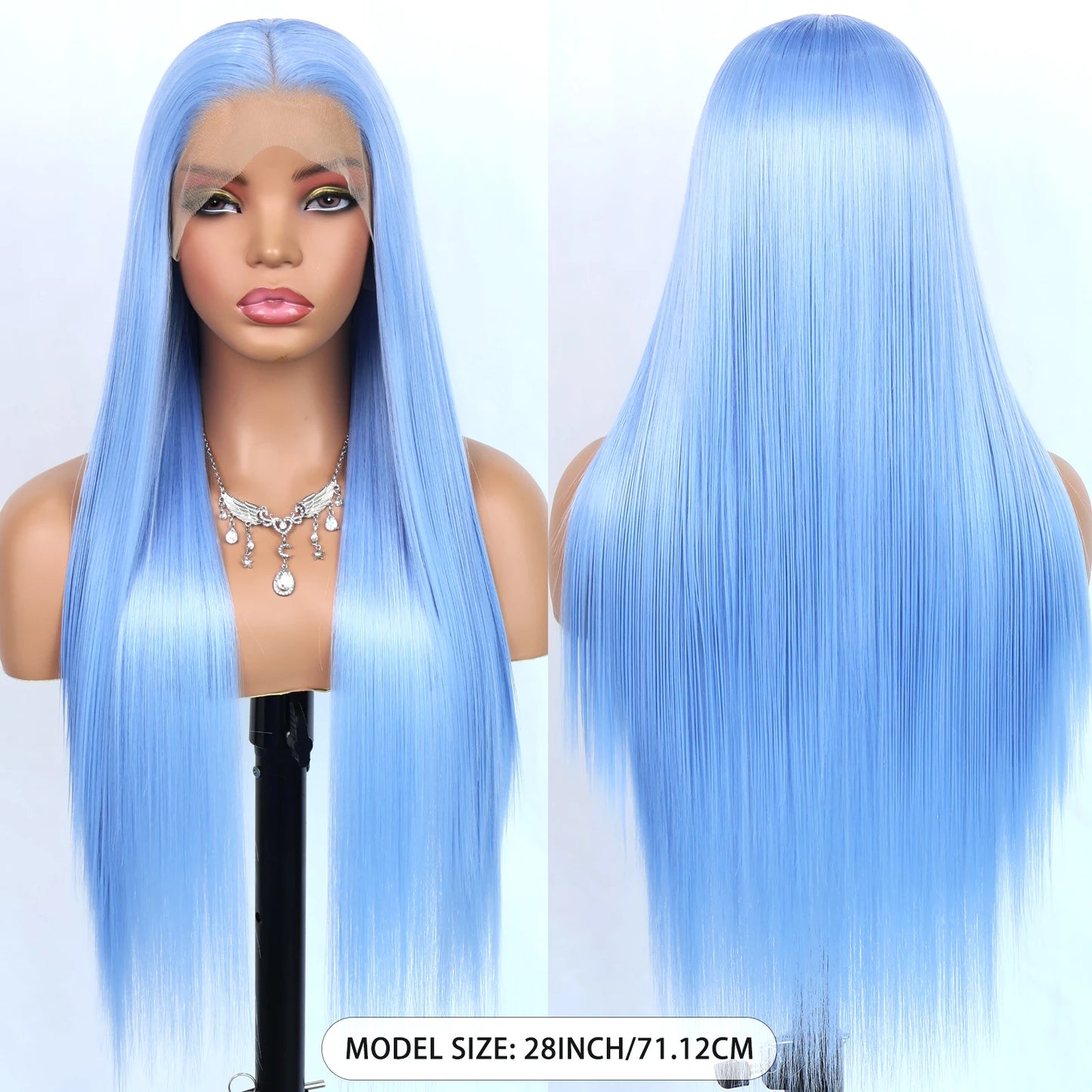 Blue Long Straight Synthetic Lace Front Wig 28 Inch 180% Density