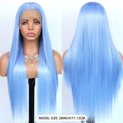 Blue Long Straight Synthetic Lace Front Wig 28 Inch 180% Density