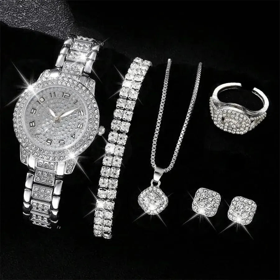 6-Piece Women's Luxury Rhinestone Watch & Jewelry Set