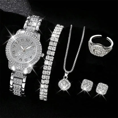 6-Piece Women's Luxury Rhinestone Watch & Jewelry Set