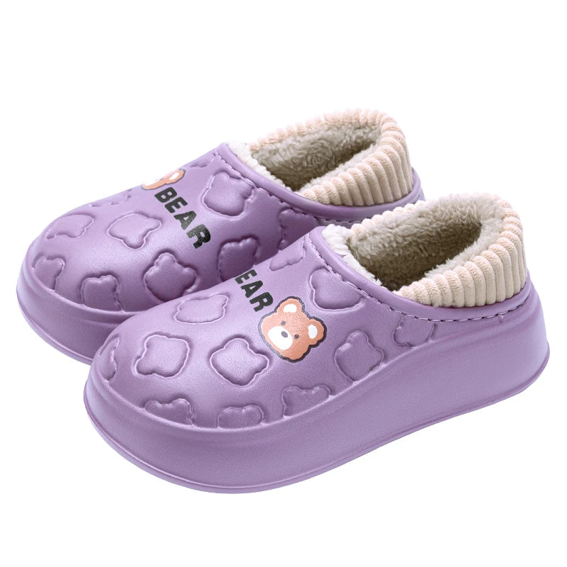 Waterproof Fur-Lined Bear Slippers – Unisex Winter House Shoes