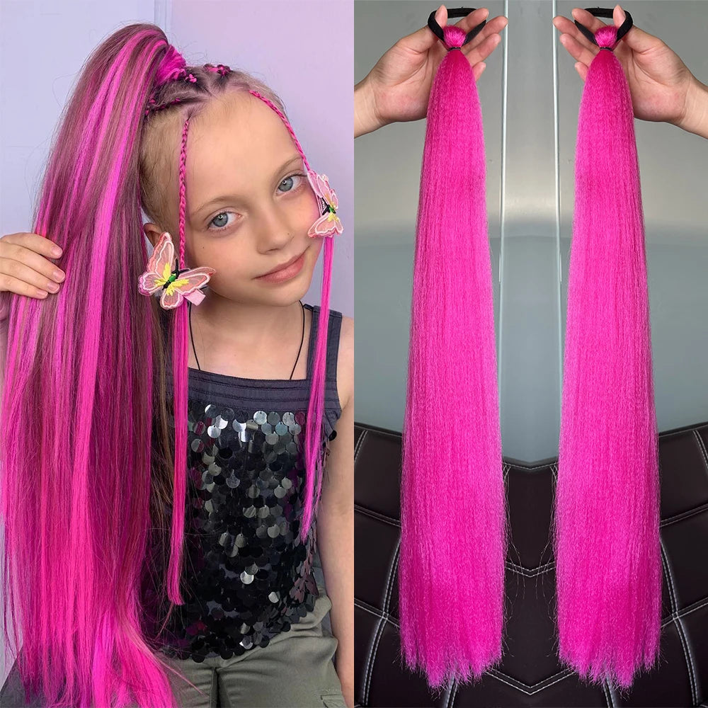 Synthetic Ponytail Hair Extension 2pcs – Long Straight, Colorful, Braiding Hairpiece with Rubber Band