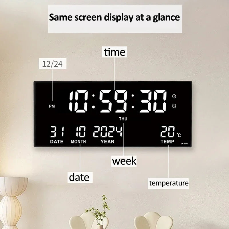 LED Digital Wall Clock with Alarm, Temperature & Calendar Display