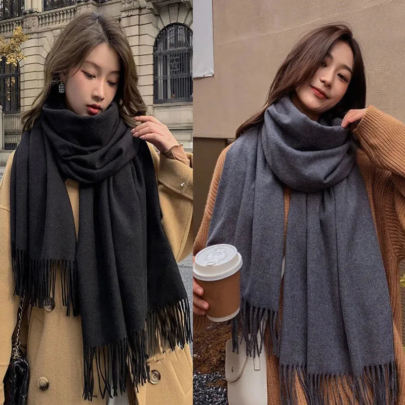 Cashmere-Feel Solid Scarf – Women's Warm Winter Wrap with Fringe