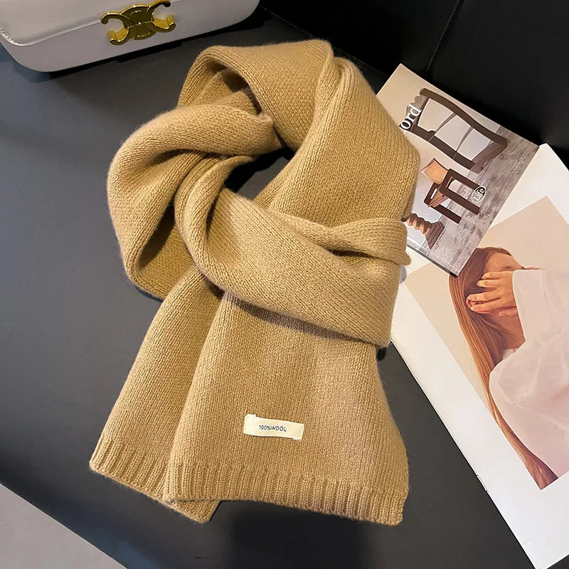 100% Wool Knitted Scarf – Women's Thick Solid Color Winter Shawl