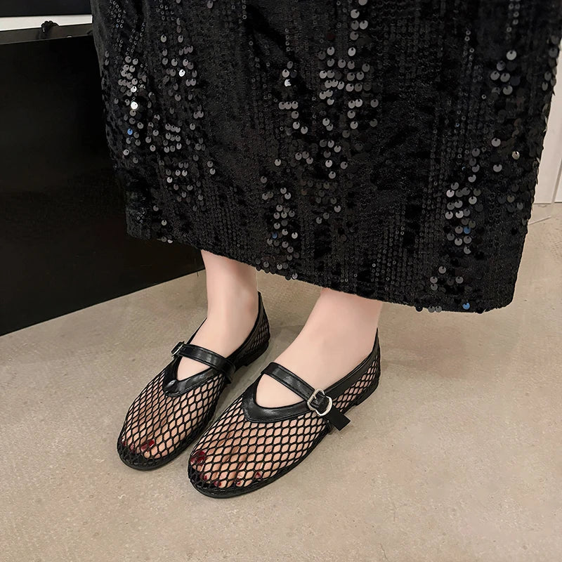 Women's Breathable Mesh Mary Jane Flats – Buckle Strap Casual Shoes
