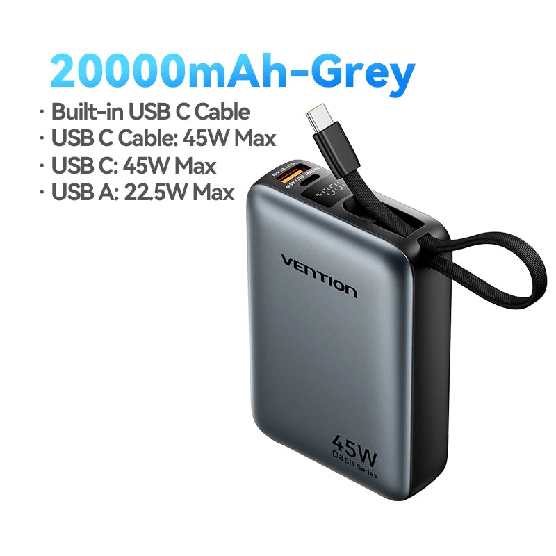 Vention 20000mAh Power Bank 45W Fast Charging with Built-In USB-C Cable