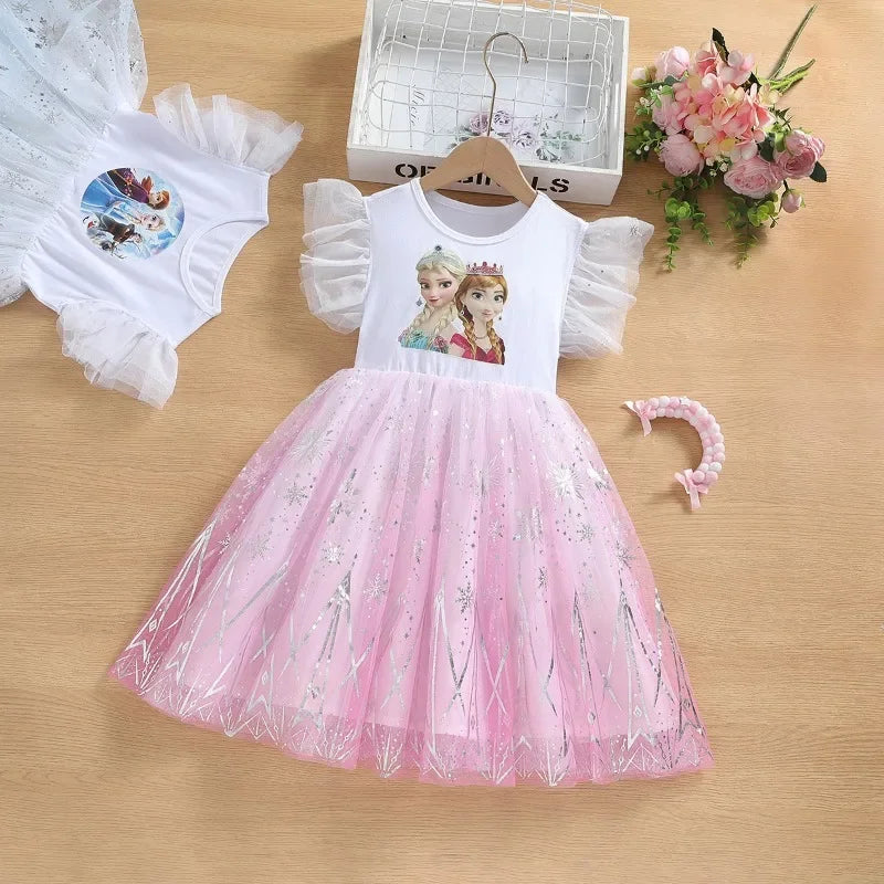Frozen Elsa & Anna Girls Dress with Tulle Skirt