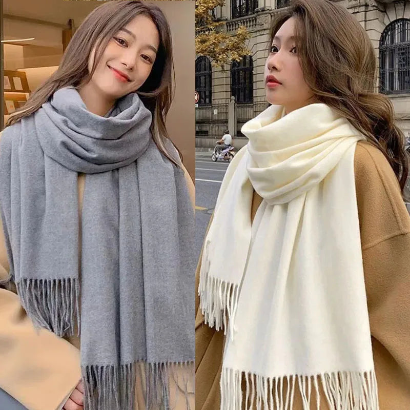 Cashmere-Feel Solid Scarf – Women's Warm Winter Wrap with Fringe