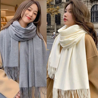 Cashmere-Feel Solid Scarf – Women's Warm Winter Wrap with Fringe