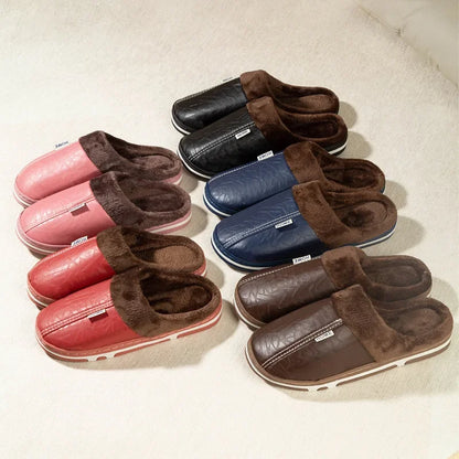Winter Fur-Lined PU Leather Slippers – Unisex Plus Size