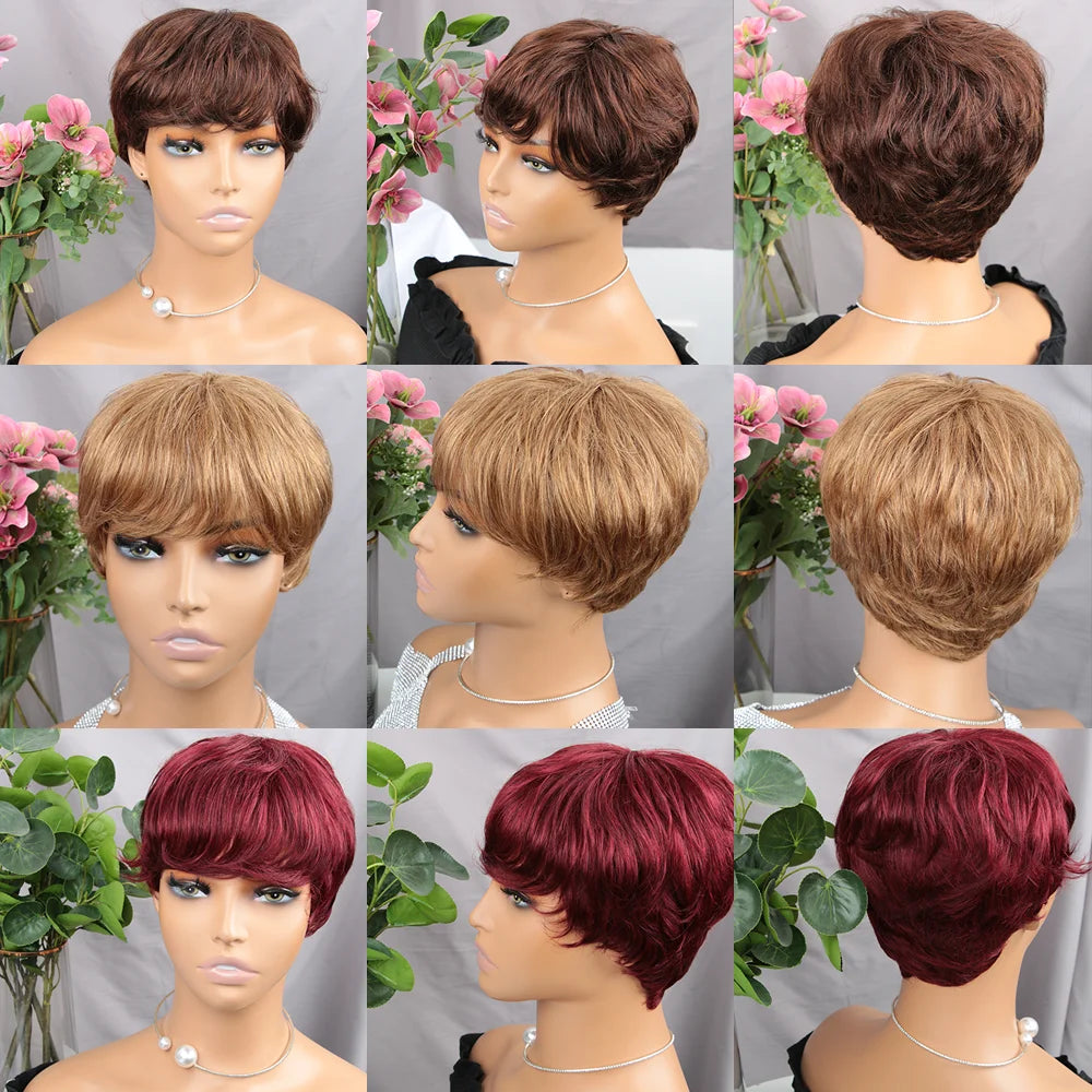 Short Pixie Cut Human Hair Wig with Bangs for Black Women