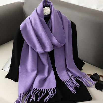 Women's Solid Cashmere Winter Scarf with Tassels – Warm Shawl Pashmina
