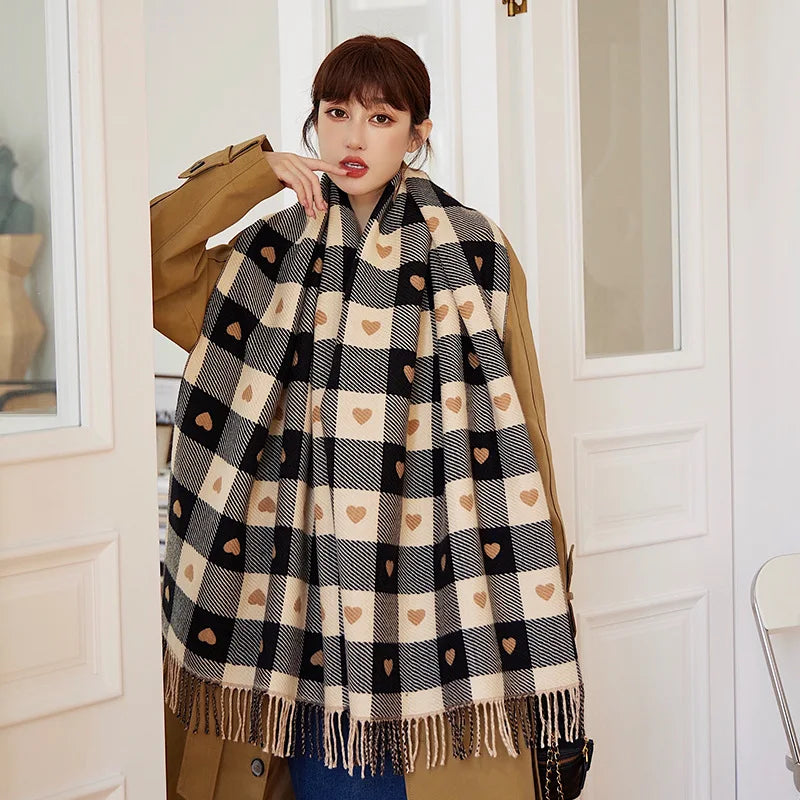Women's Heart Pattern Plaid Blanket Scarf with Tassels