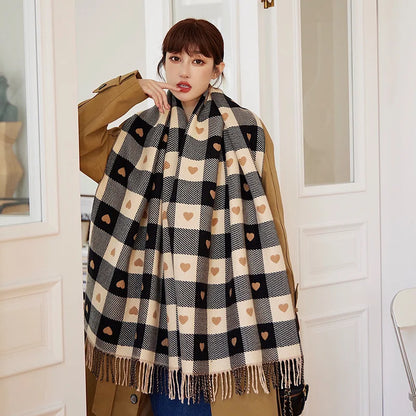 Women's Heart Pattern Plaid Blanket Scarf with Tassels
