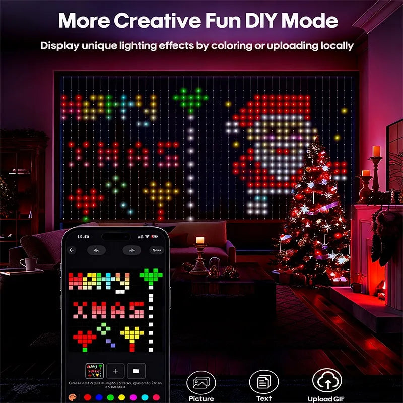 Smart LED Curtain Lights – App Control, Music Sync, DIY Pattern, IP65 Waterproof