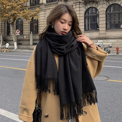 Cashmere-Feel Solid Scarf – Women's Warm Winter Wrap with Fringe