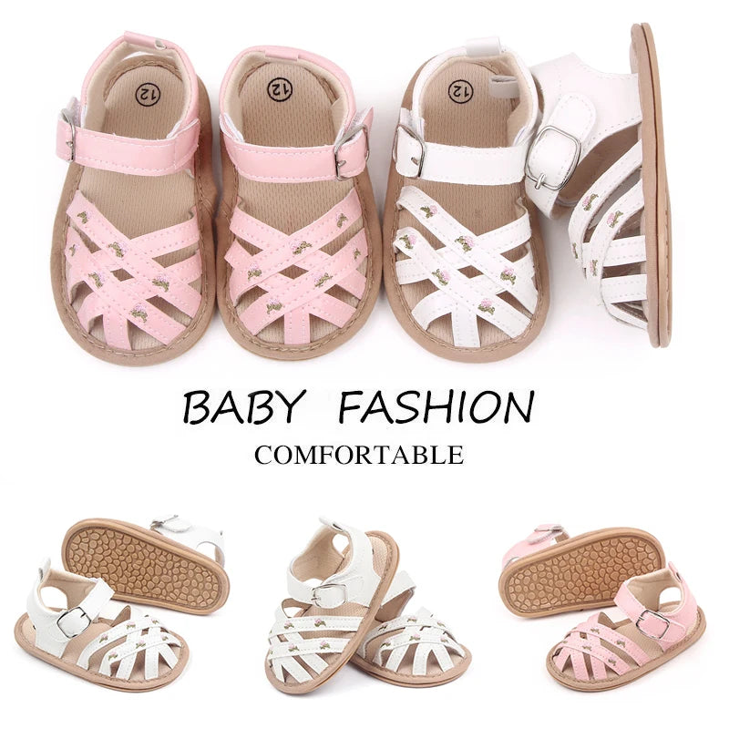 Baby Girl Flower Sandals – Cross Strap Soft Sole Summer Shoes