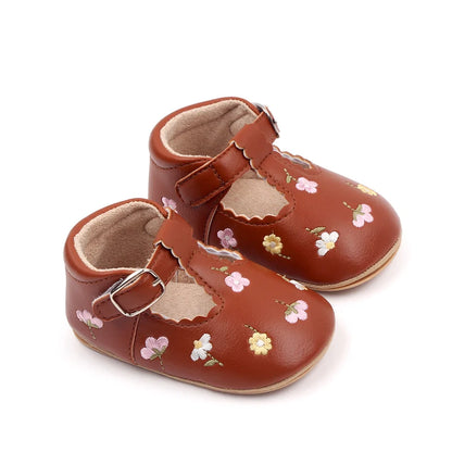 Baby Girl Embroidered Flower T-Strap Mary Jane Shoes