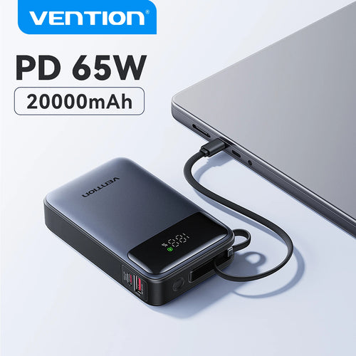 Vention 65W Power Bank 20000mAh with Built-In USB-C Cable & LED Display