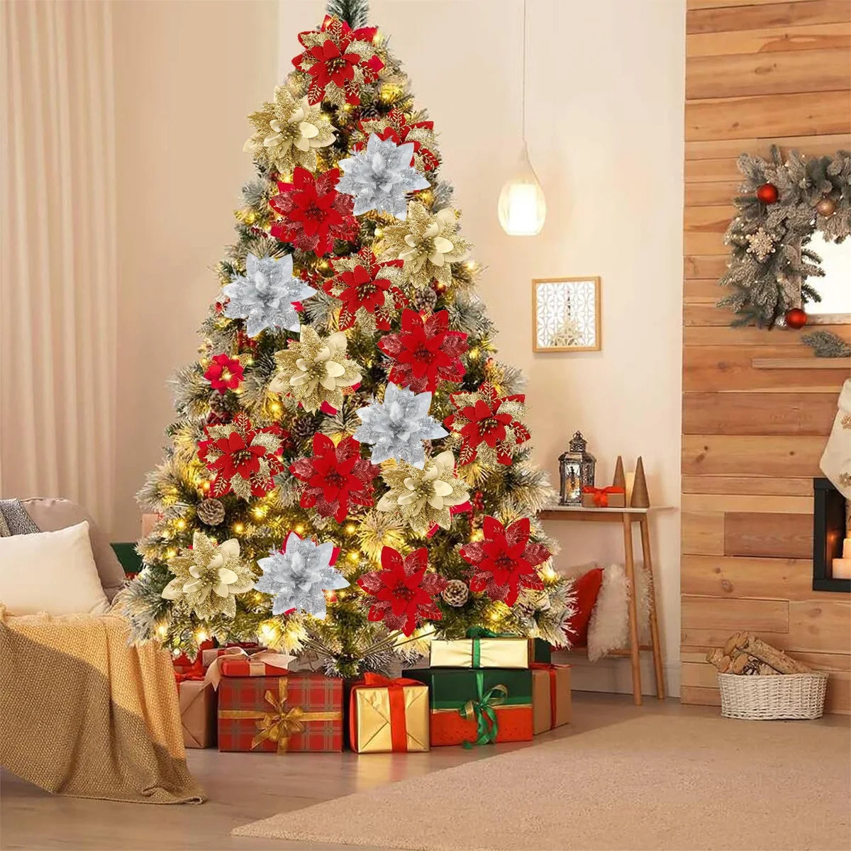 Glitter Artificial Poinsettia Christmas Tree Ornaments