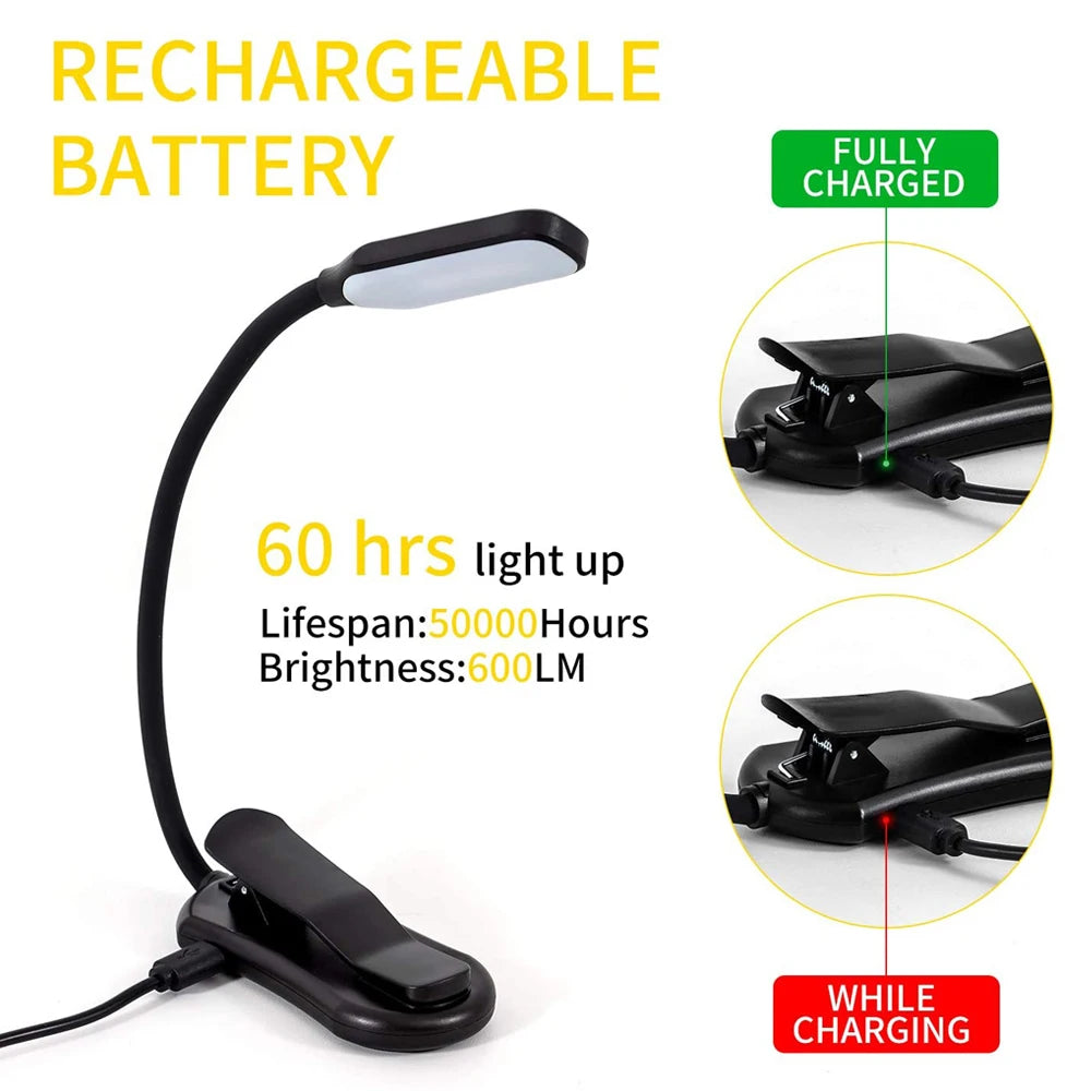 LED Book Light USB Rechargeable Clip-On Reading Lamp 7 LEDs 3 Color Modes