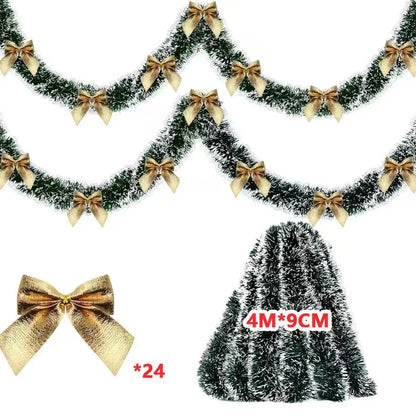 Christmas Tinsel Garland with Bows – Snow-Tipped Xmas Tree Ribbon Decoration