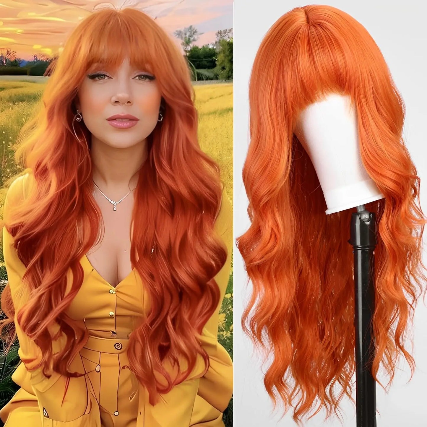 Long Wavy Synthetic Wig with Bangs – 26 Inches, Multiple Colors