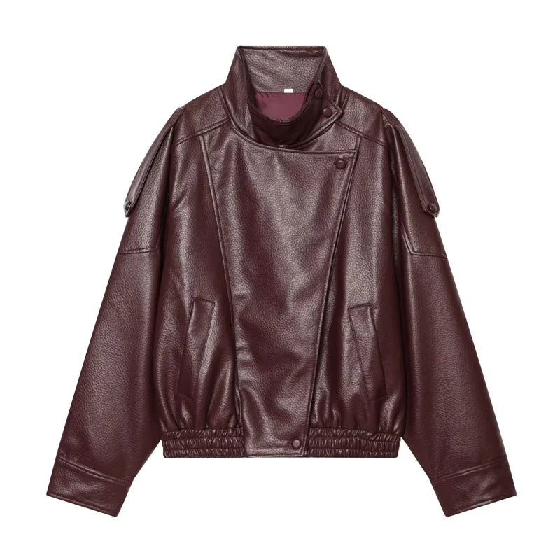 Women's Faux Leather Jacket – Asymmetric Zip Stand Collar Coat