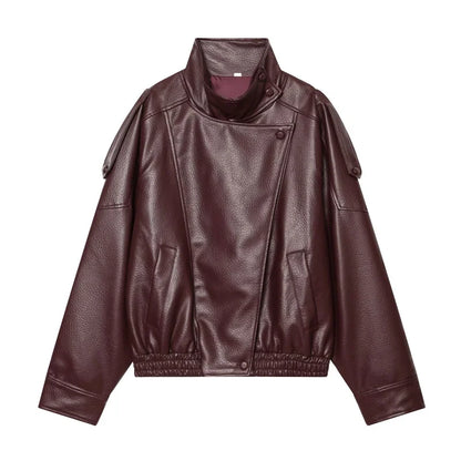 Women's Faux Leather Jacket – Asymmetric Zip Stand Collar Coat