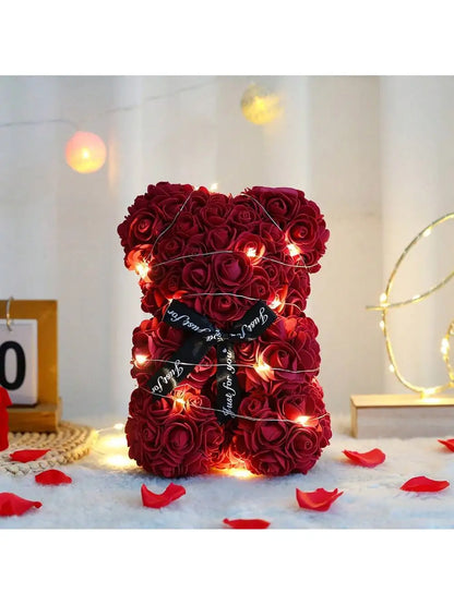 Rose Teddy Bear Gift – Artificial Flower Bear with LED Lights