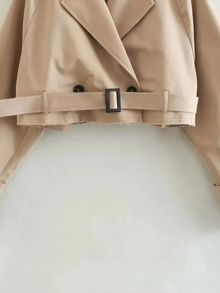 Cropped Trench Jacket Women Double Breasted Belt Streetwear
