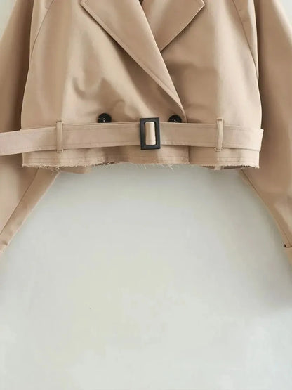 Cropped Trench Jacket Women Double Breasted Belt Streetwear