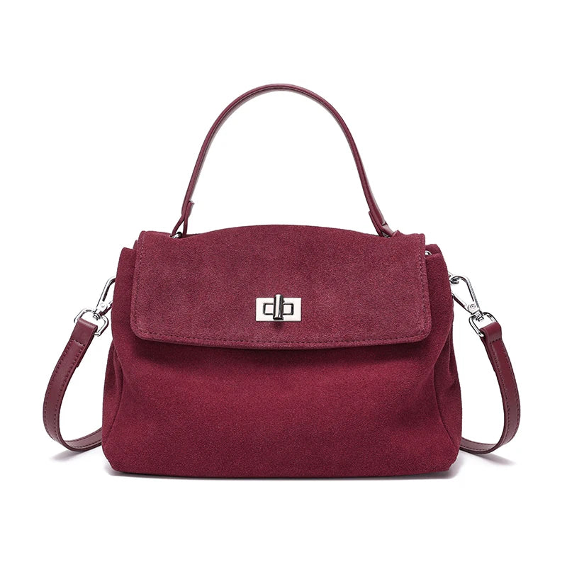 Suede Leather Crossbody Bag for Women – Turn-Lock Shoulder Bag