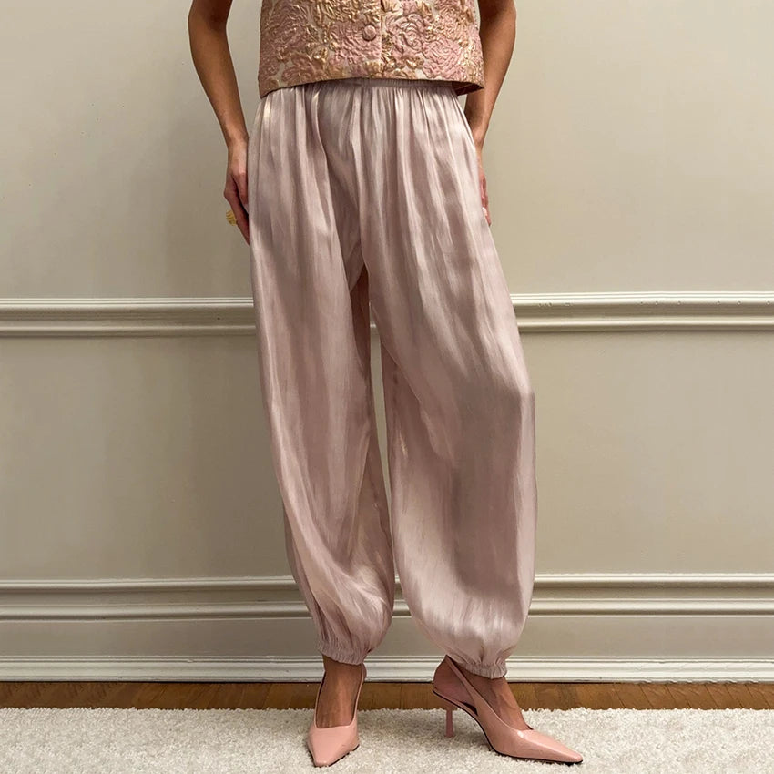 Elegant Pleated Bloomers Trousers – Loose Crepe Pants