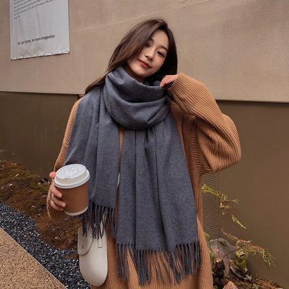 Cashmere-Feel Solid Scarf – Women's Warm Winter Wrap with Fringe