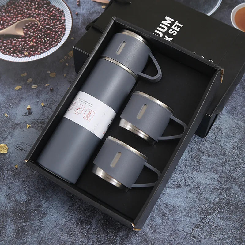 Vacuum Flask Gift Set with 3 Cups – Stainless Steel Thermos