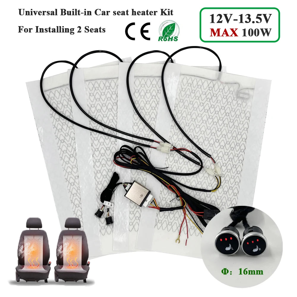 Car Seat Heater Kit Universal 12V 100W Carbon Fiber Pads for 2 Seats